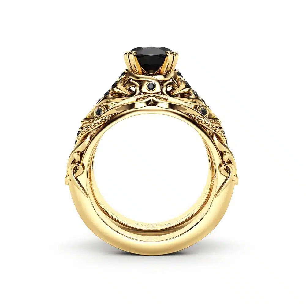 Black Diamond Engagement Ring Set 14K Yellow Gold Diamond Ring Natural Black Side Diamonds 4 Black Diamond Engagement Ring Set 14K Yellow Gold Diamond Ring Natural Black Side Diamonds