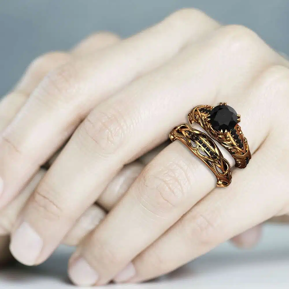 Black Diamond Engagement Ring Set 14K Yellow Gold Diamond Ring Natural Black Side Diamonds 5 Black Diamond Engagement Ring Set 14K Yellow Gold Diamond Ring Natural Black Side Diamonds