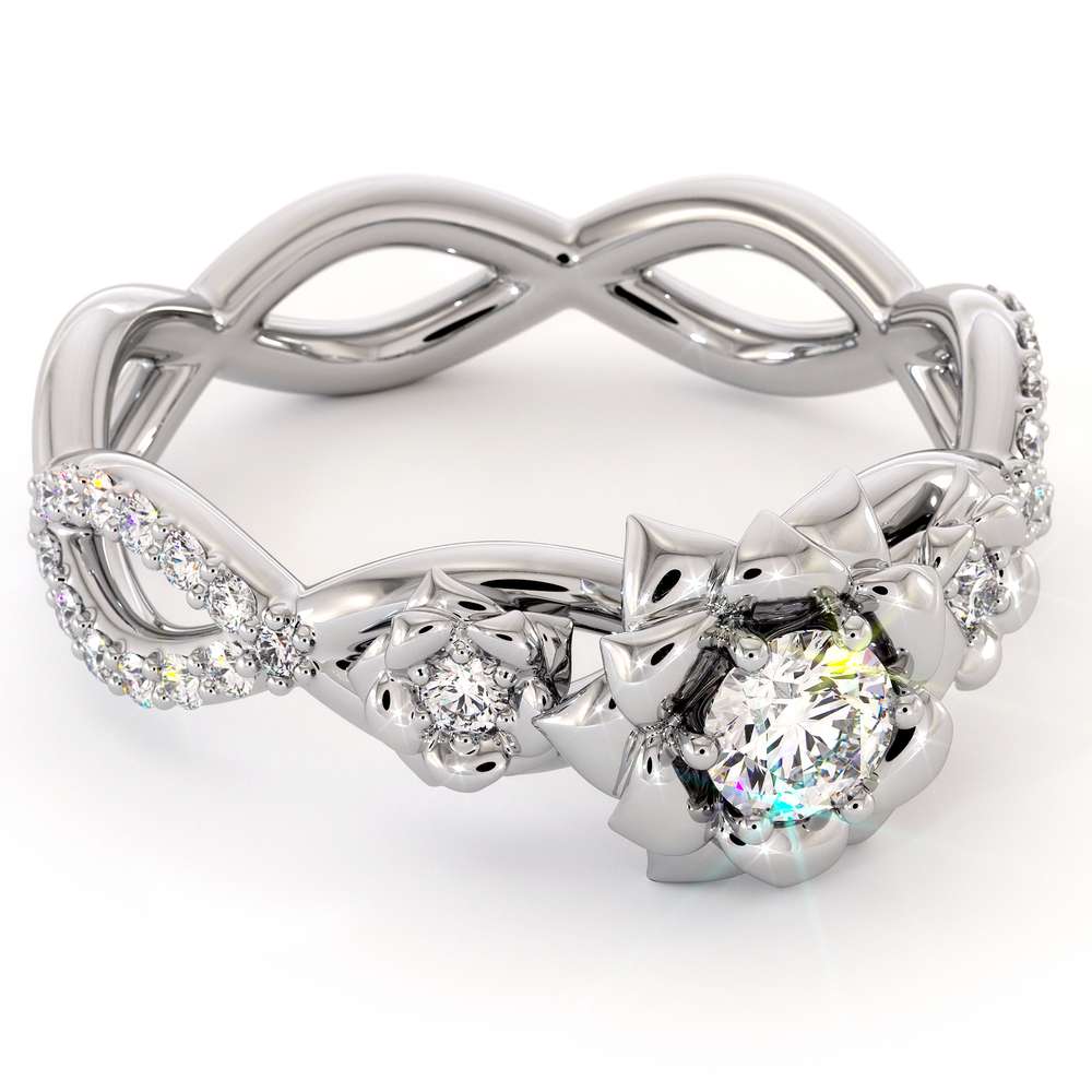 Diamond Engagement Ring 14K White Gold Ring Leaf Engagement Ring