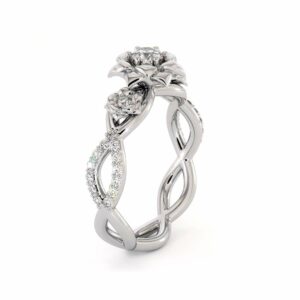 Diamond Engagement Ring 14K White Gold Ring Leaf Engagement Ring