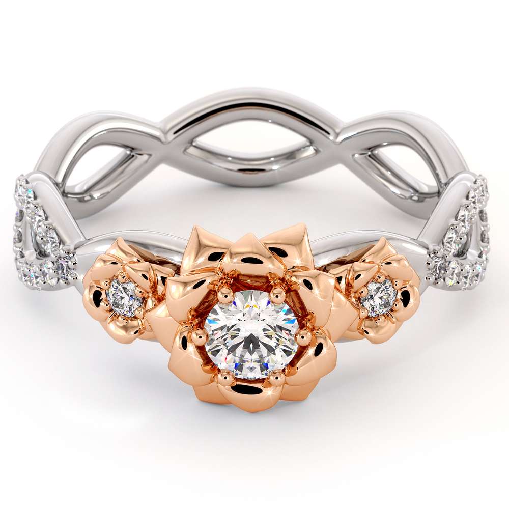 Diamond Engagement Ring 14K White & Rose Gold Ring Leaf Engagement Ring