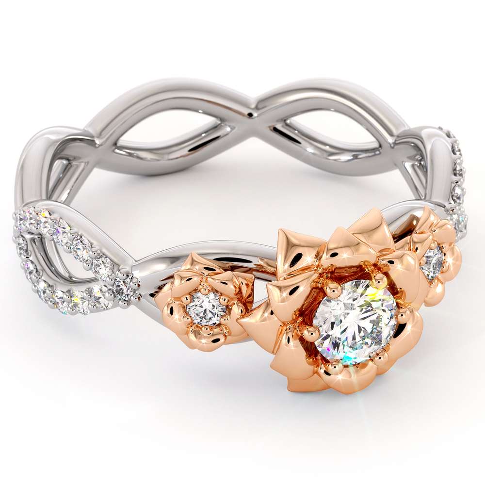 Diamond Engagement Ring 14K White & Rose Gold Ring Leaf Engagement Ring