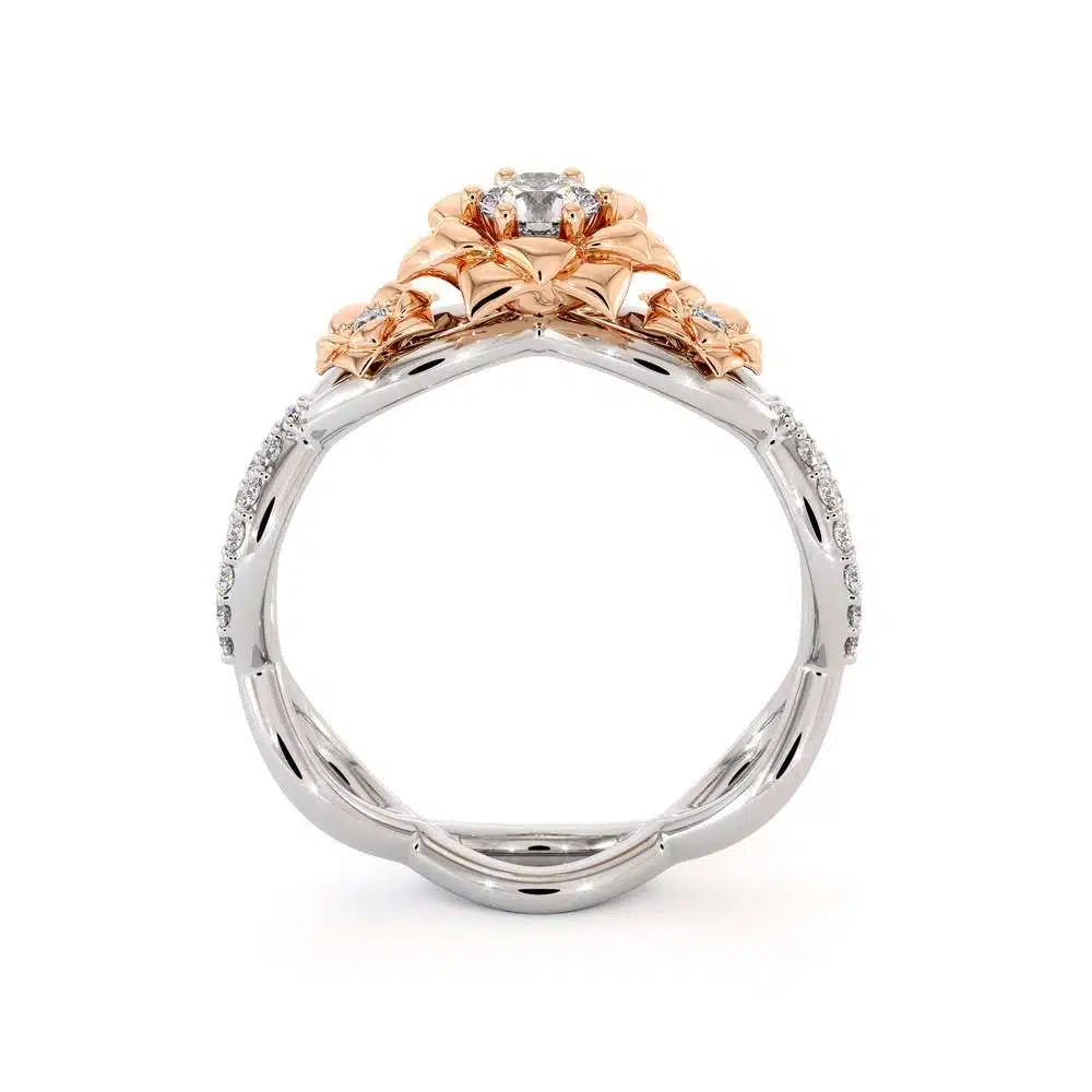 Diamond Engagement Ring 14K White & Rose Gold Ring Leaf Engagement Ring