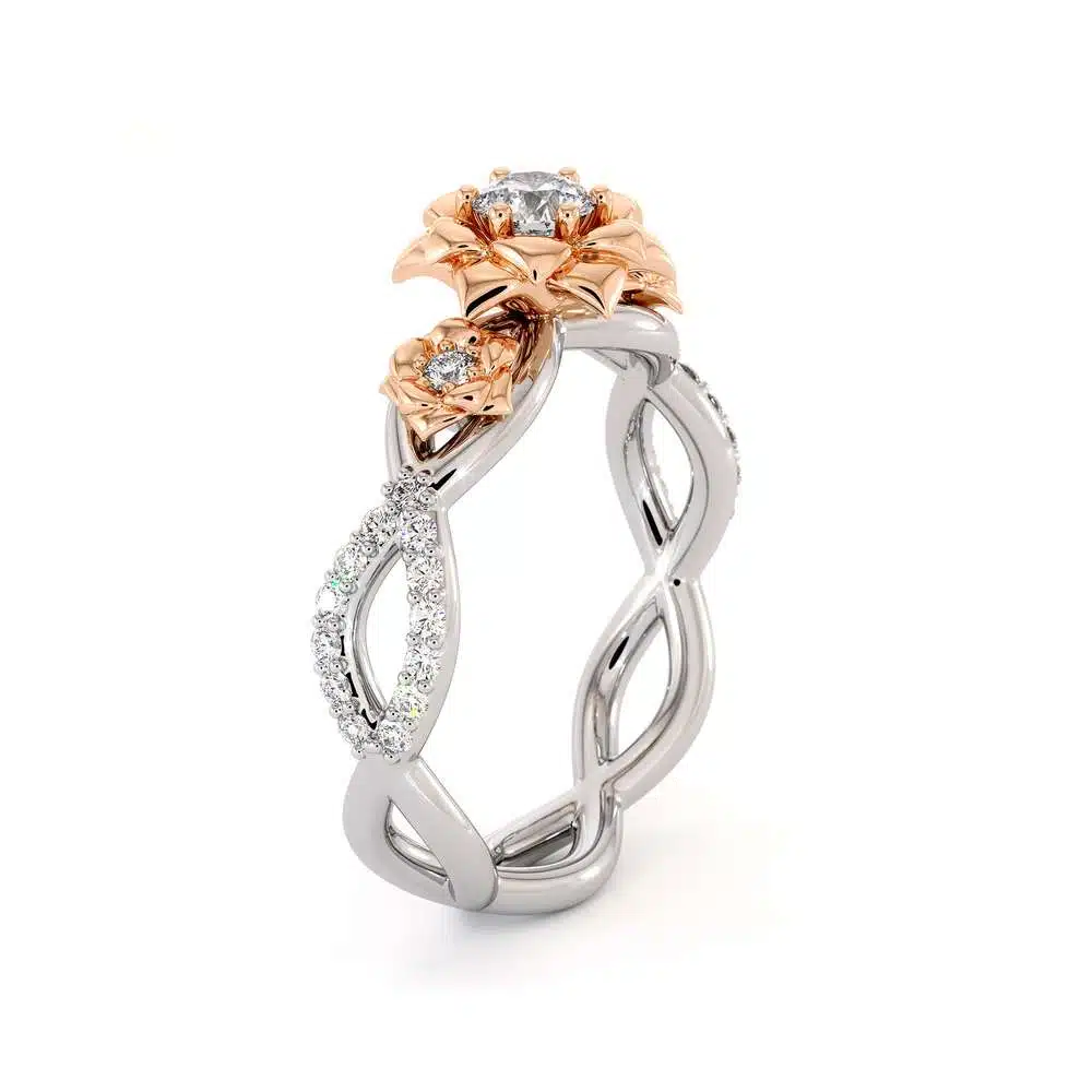 Diamond Engagement Ring 14K White & Rose Gold Ring Leaf Engagement Ring