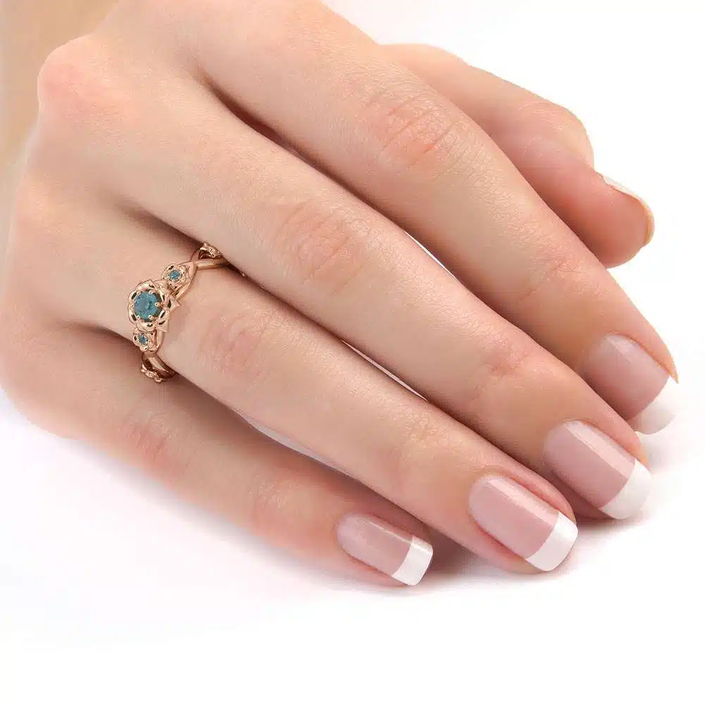 Blue Diamond Engagement Ring 14K Rose Gold Ring Rose Flower Engagement Ring