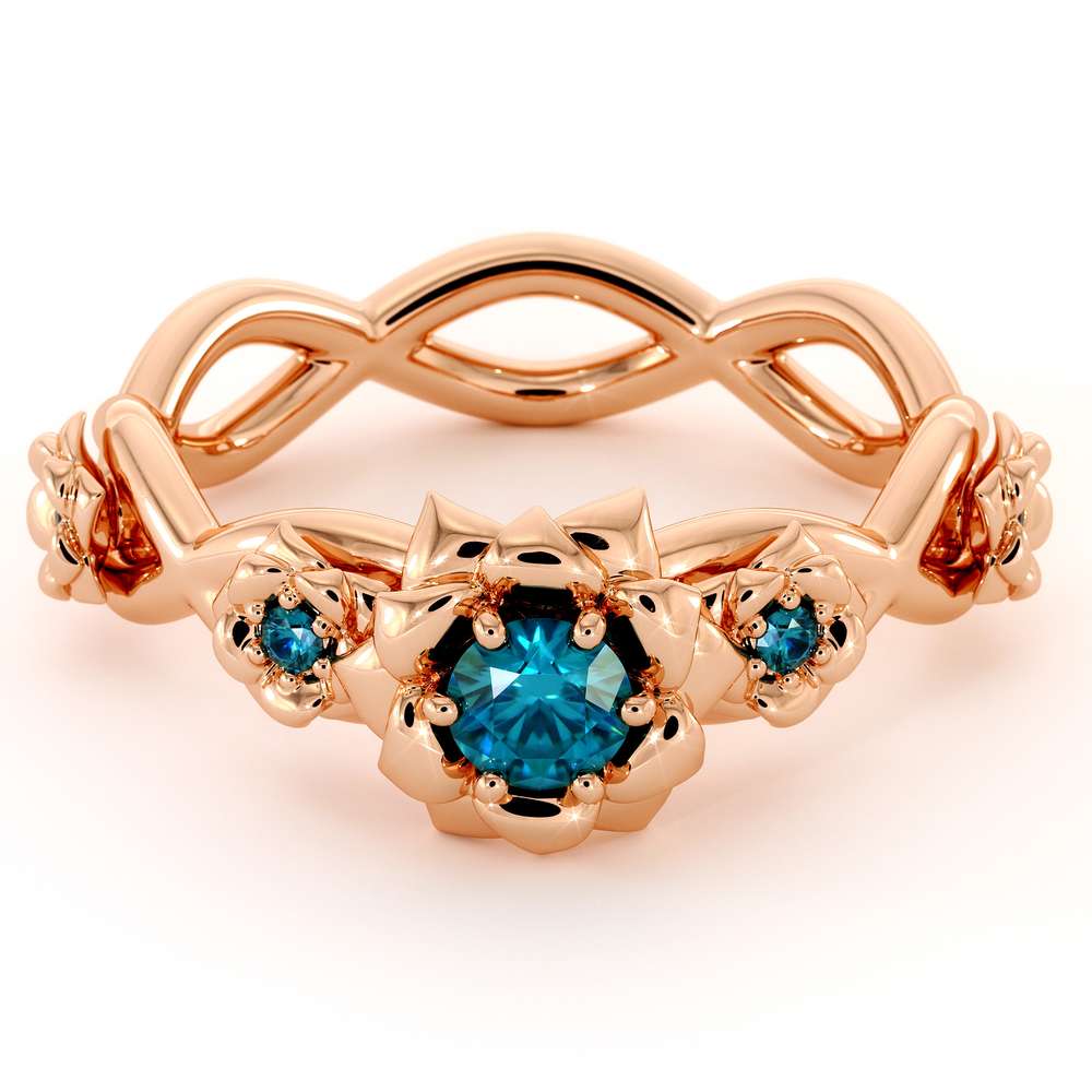 Blue Diamond Engagement Ring 14K Rose Gold Ring Rose Flower Engagement Ring
