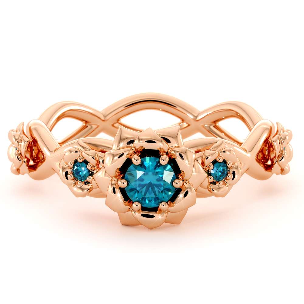 Blue Diamond Engagement Ring 14K Rose Gold Ring Rose Flower Engagement Ring