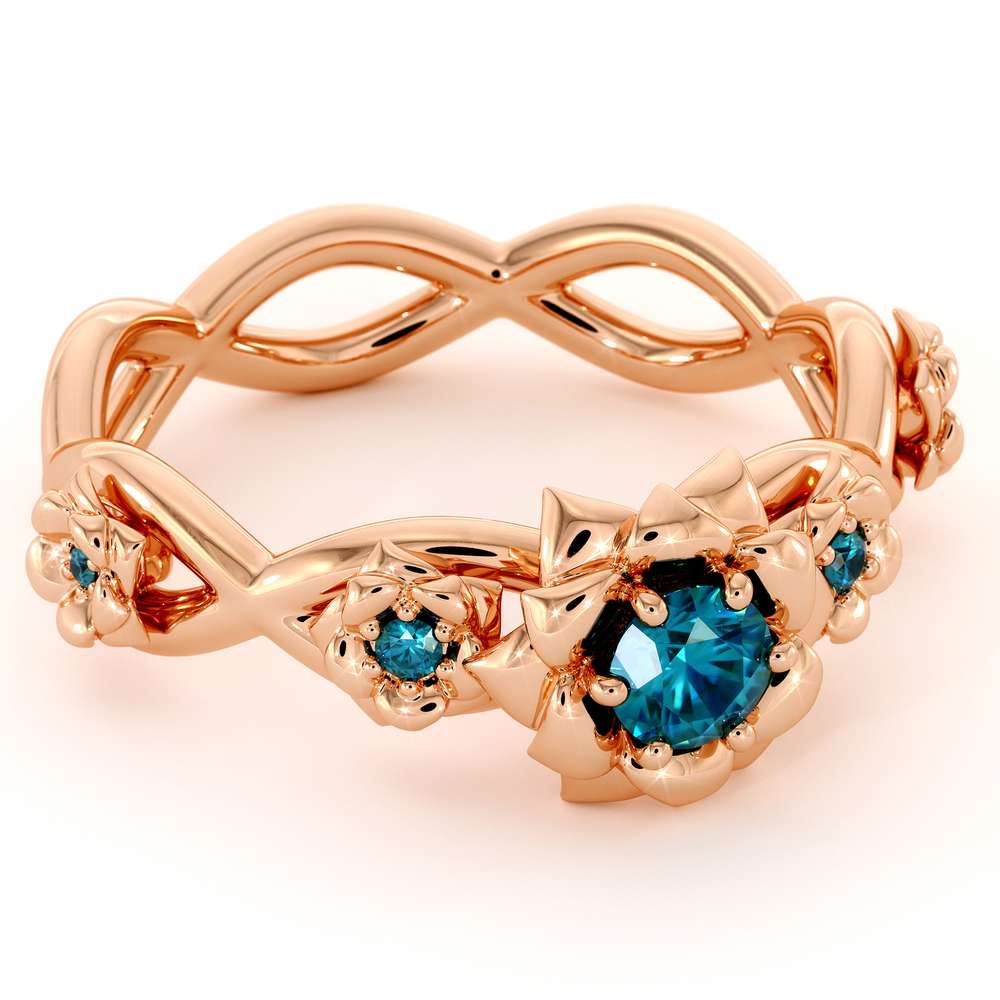 Blue Diamond Engagement Ring 14K Rose Gold Ring Rose Flower Engagement Ring
