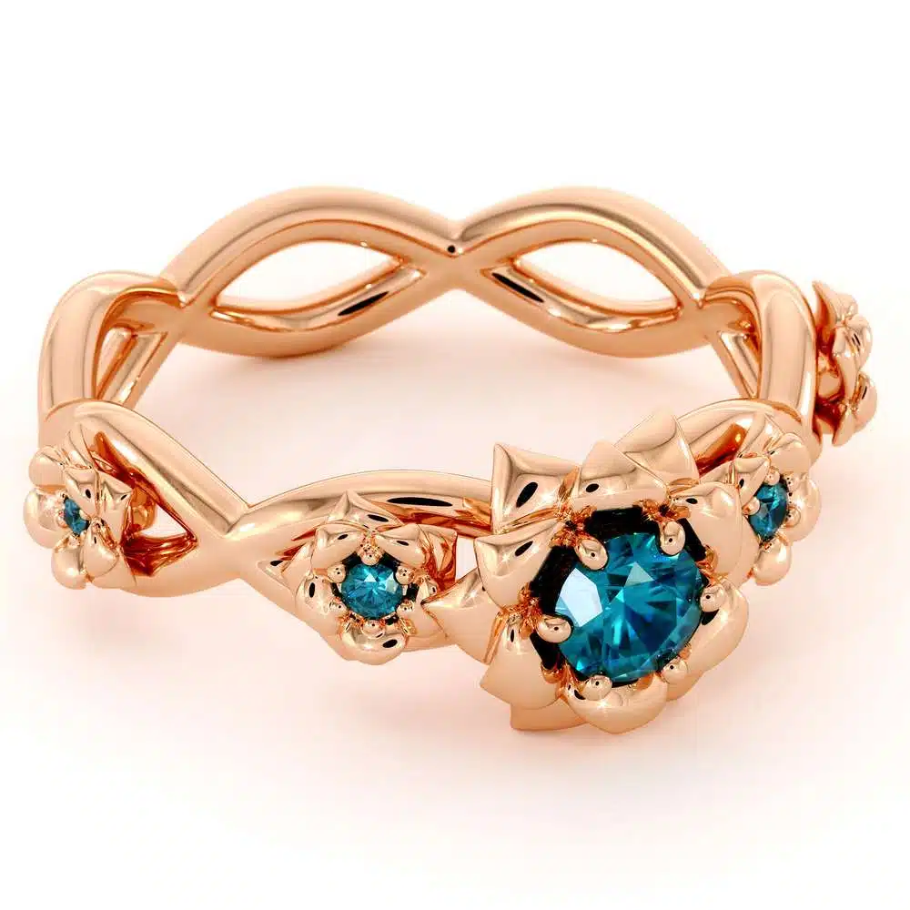 Blue Diamond Engagement Ring 14K Rose Gold Ring Rose Flower Engagement Ring