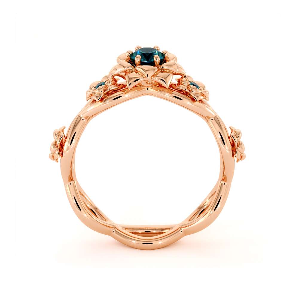 Blue Diamond Engagement Ring 14K Rose Gold Ring Rose Flower Engagement Ring