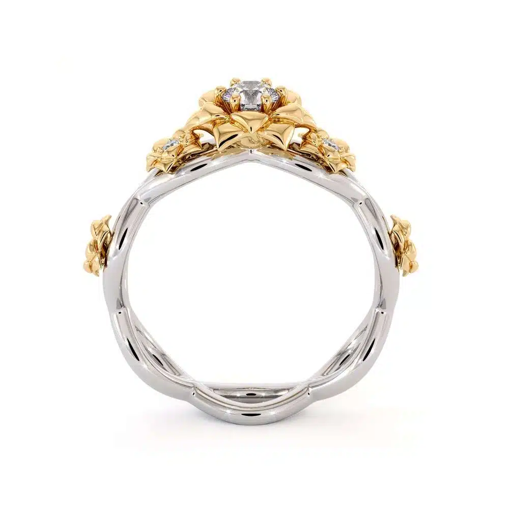 Diamond Engagement Ring 14K White & Yellow Gold Ring Rose Flower Engagement Ring
