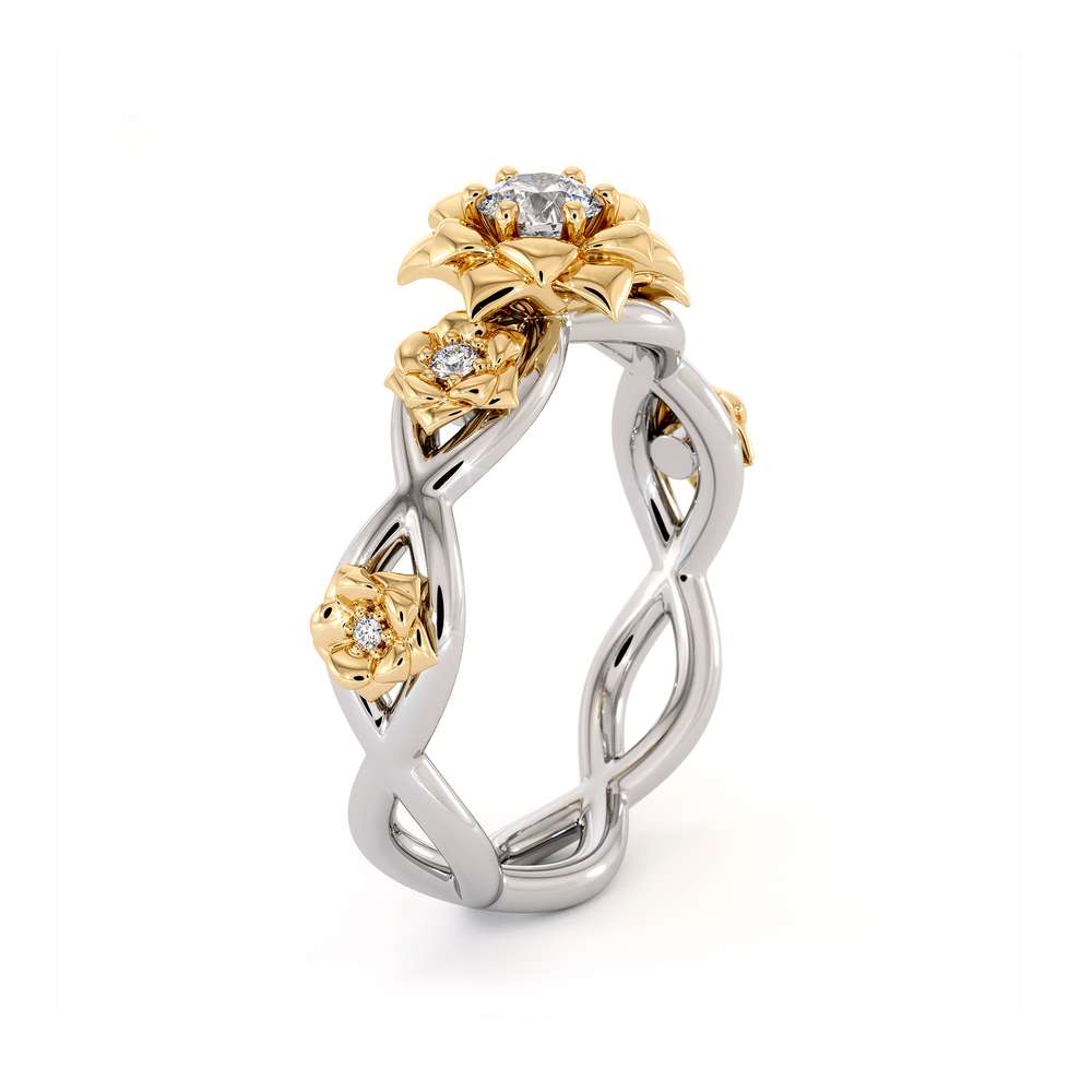 Diamond Engagement Ring 14K White & Yellow Gold Ring Rose Flower Engagement Ring 1 Diamond Engagement Ring 14K White & Yellow Gold Ring Rose Flower Engagement Ring