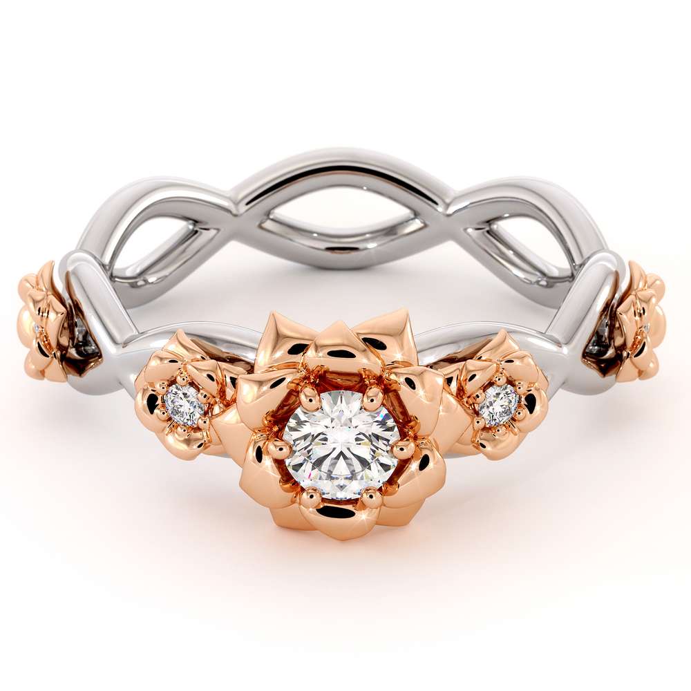 Diamond Engagement Ring 14K White & Rose Gold Ring Rose Flower Engagement Ring