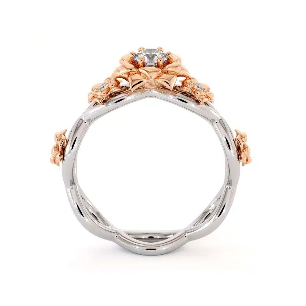 Diamond Engagement Ring 14K White & Rose Gold Ring Rose Flower Engagement Ring