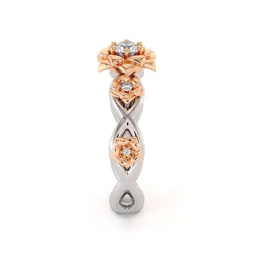 Diamond Engagement Ring 14K White & Rose Gold Ring Rose Flower Engagement Ring