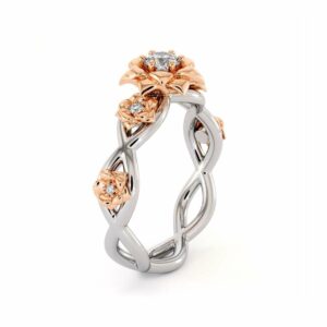 Diamond Engagement Ring 14K White & Rose Gold Ring Rose Flower Engagement Ring