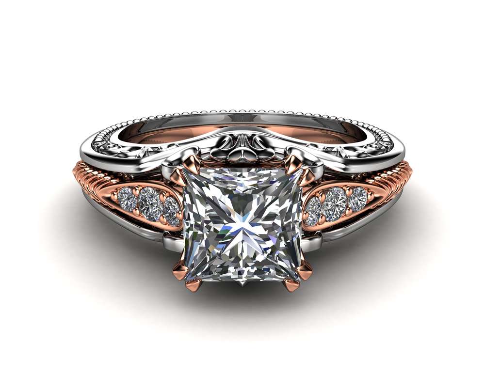 Moissanite Engagement Ring Princess Cut Ring 14K Two Tone Gold Vintage Engagement Ring 4 Moissanite Engagement Ring Princess Cut Ring 14K Two Tone Gold Vintage Engagement Ring