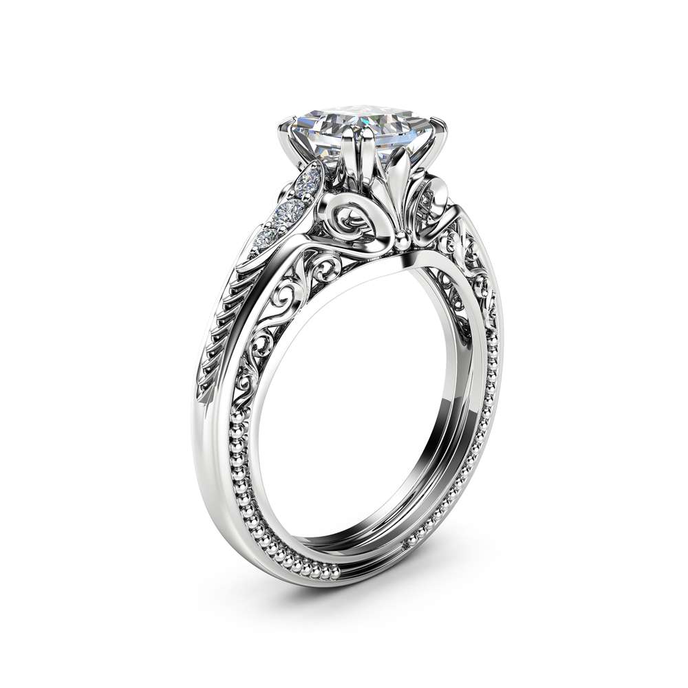 Square Moissanite Victorian Engagement Ring Princess Moissanite Engagement Ring 14K White Gold Victorian Ring 1 Square Moissanite Victorian Engagement Ring Princess Moissanite Engagement Ring 14K White Gold Victorian Ring