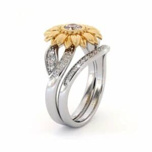 Sunflower Engagement Ring Set Diamond Engagement Ring Rose and White Gold Ring