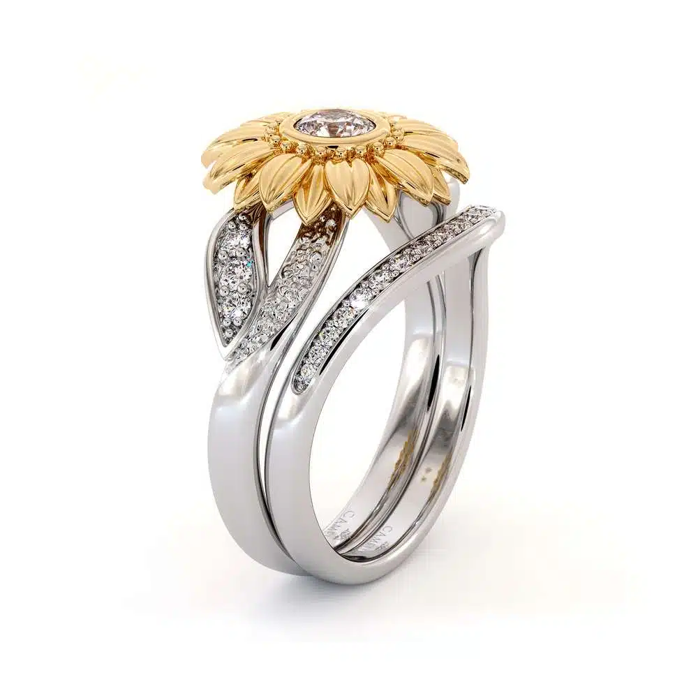 Sunflower Engagement Ring Set Diamond Engagement Ring Rose and White Gold Ring