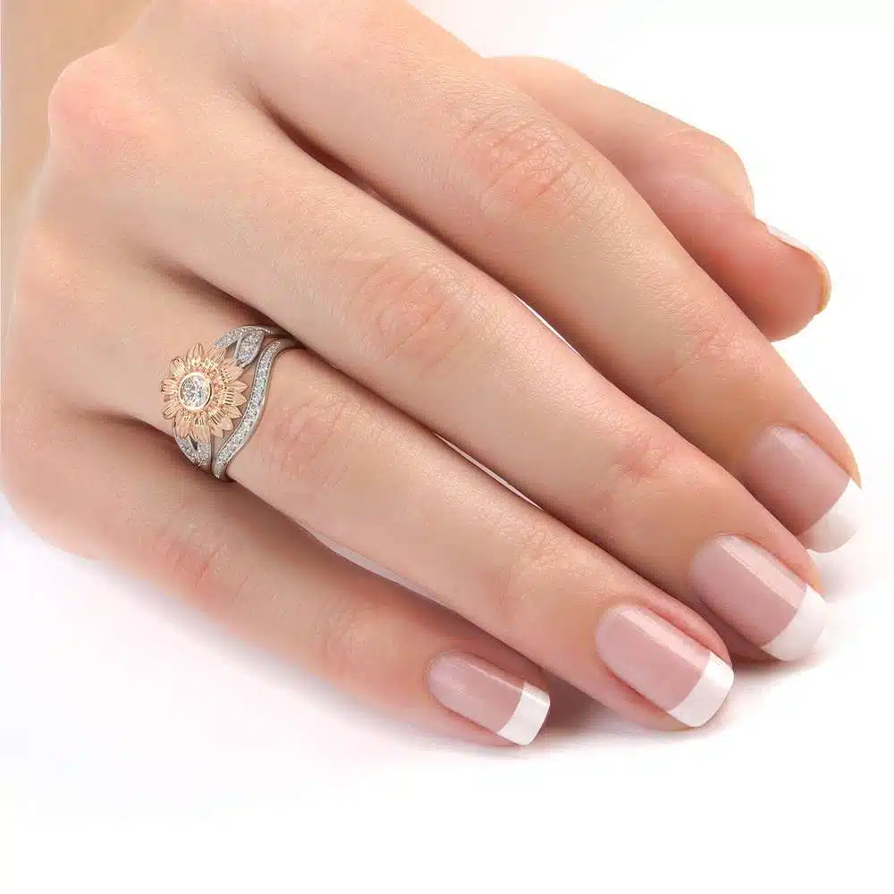 Sunflower Engagement Ring Set Diamond Engagement Ring Rose & White Gold Ring