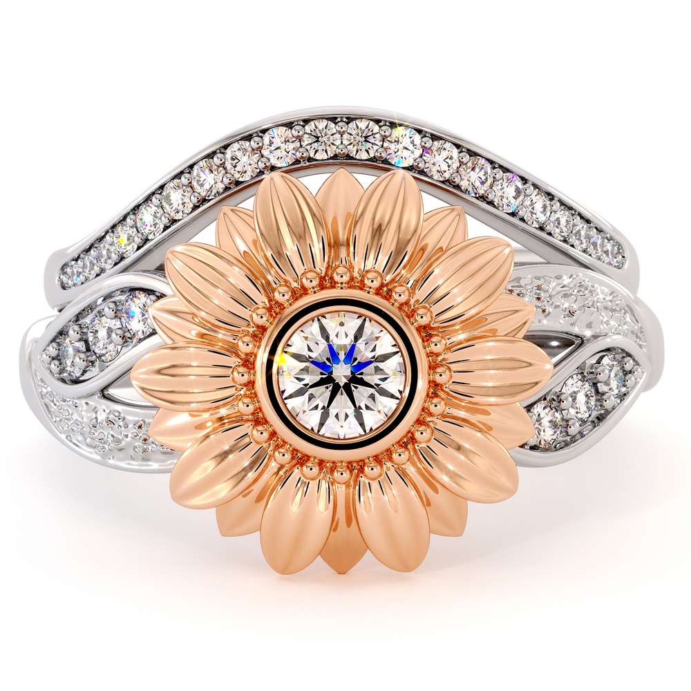 Sunflower Engagement Ring Set Diamond Engagement Ring Rose & White Gold Ring 5 Sunflower Engagement Ring Set Diamond Engagement Ring Rose & White Gold Ring