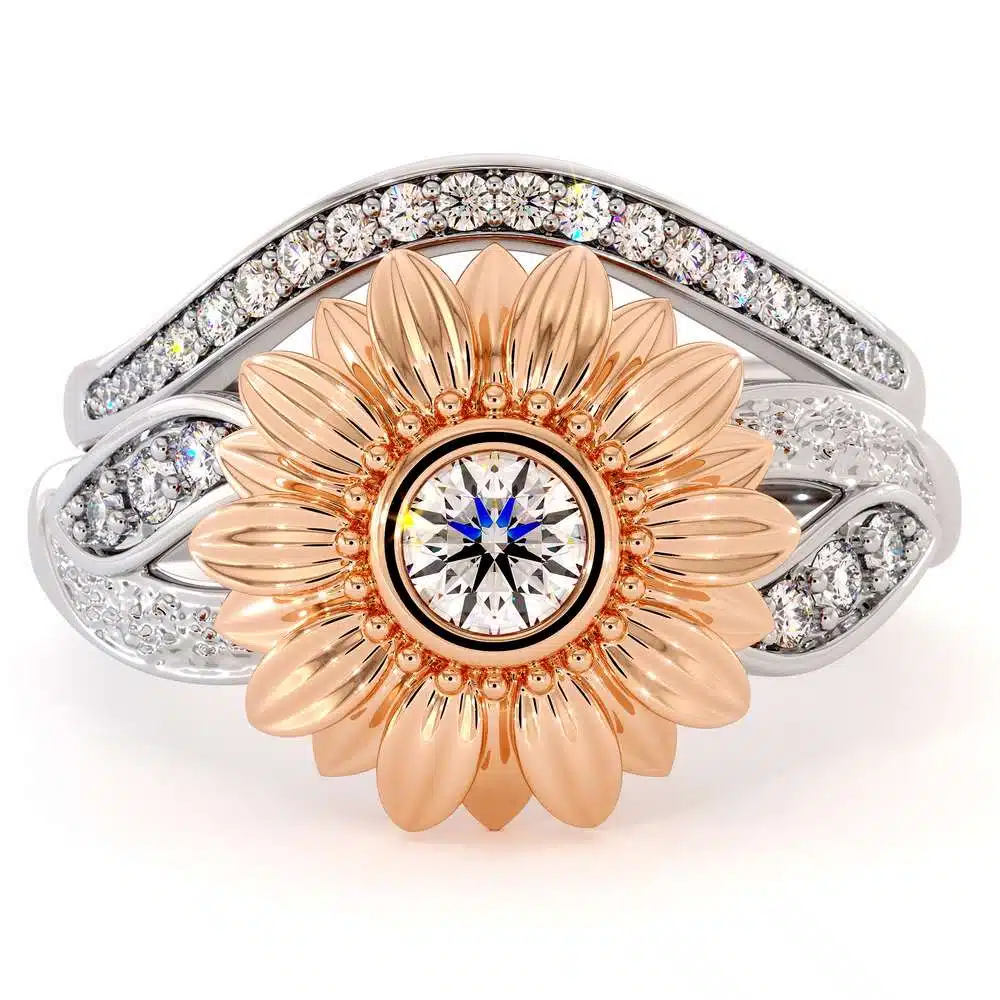 Sunflower Engagement Ring Set Diamond Engagement Ring Rose & White Gold Ring