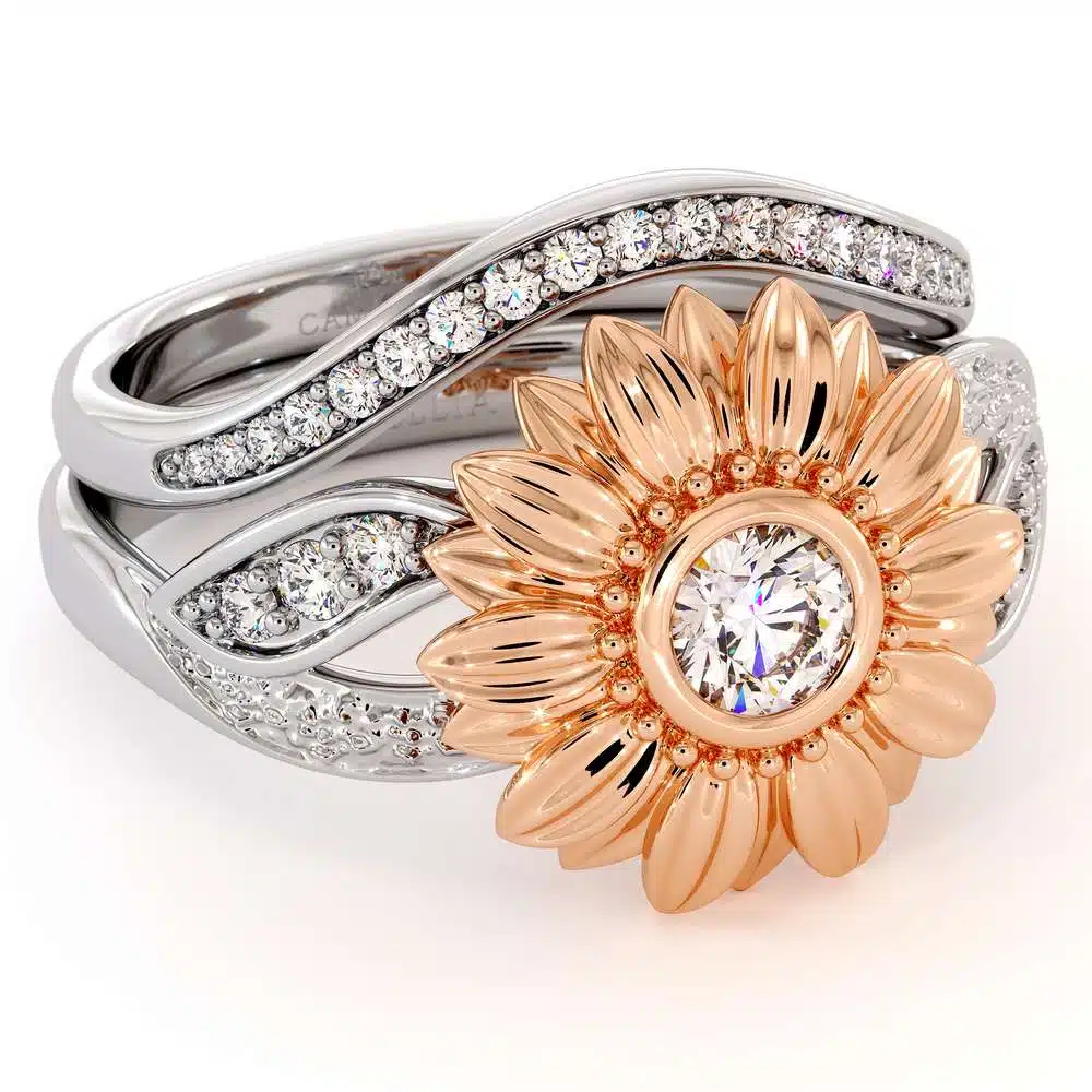 Sunflower Engagement Ring Set Diamond Engagement Ring Rose & White Gold Ring