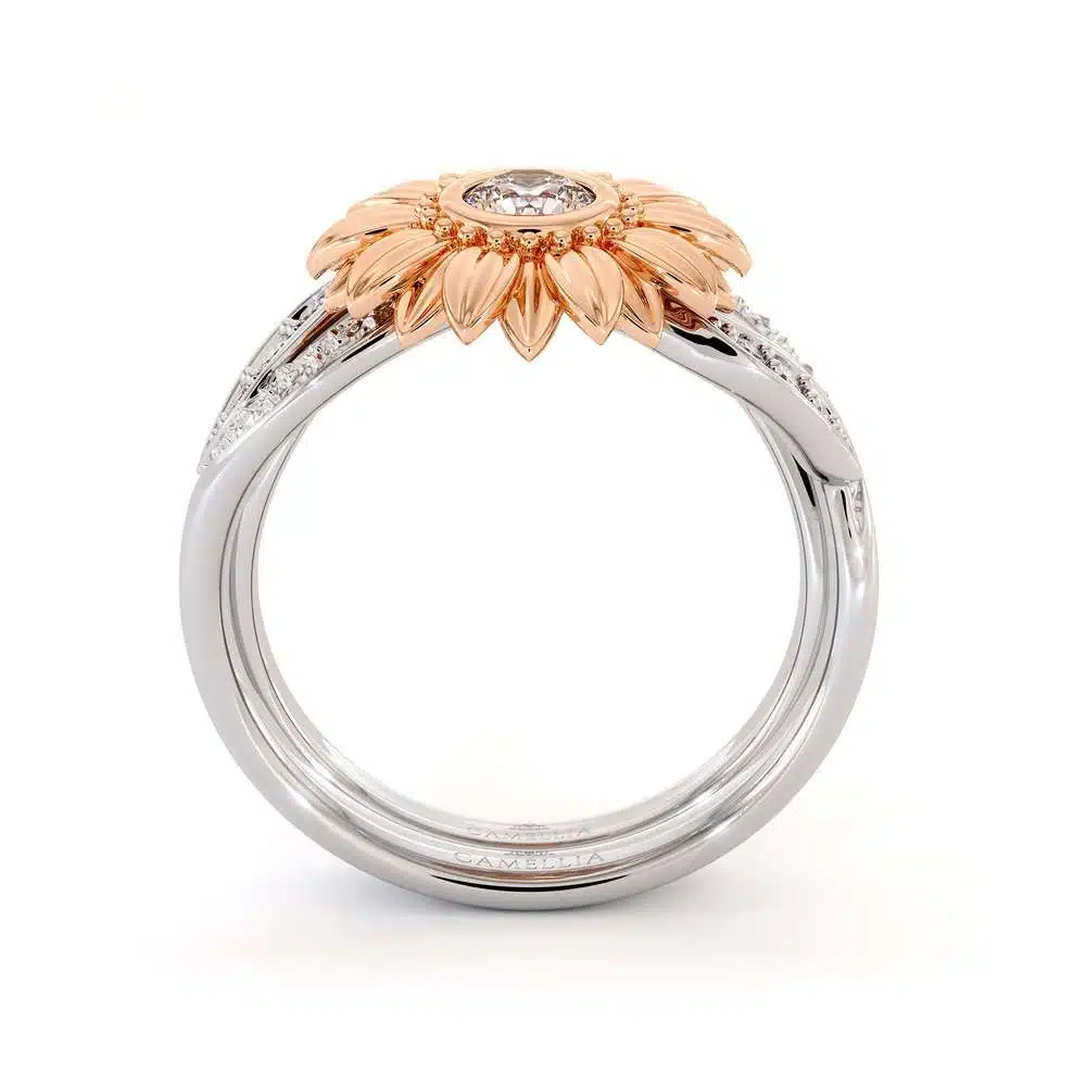 Sunflower Engagement Ring Set Diamond Engagement Ring Rose & White Gold Ring