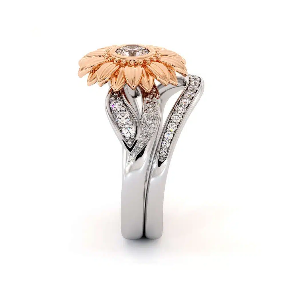 Sunflower Engagement Ring Set Diamond Engagement Ring Rose & White Gold Ring