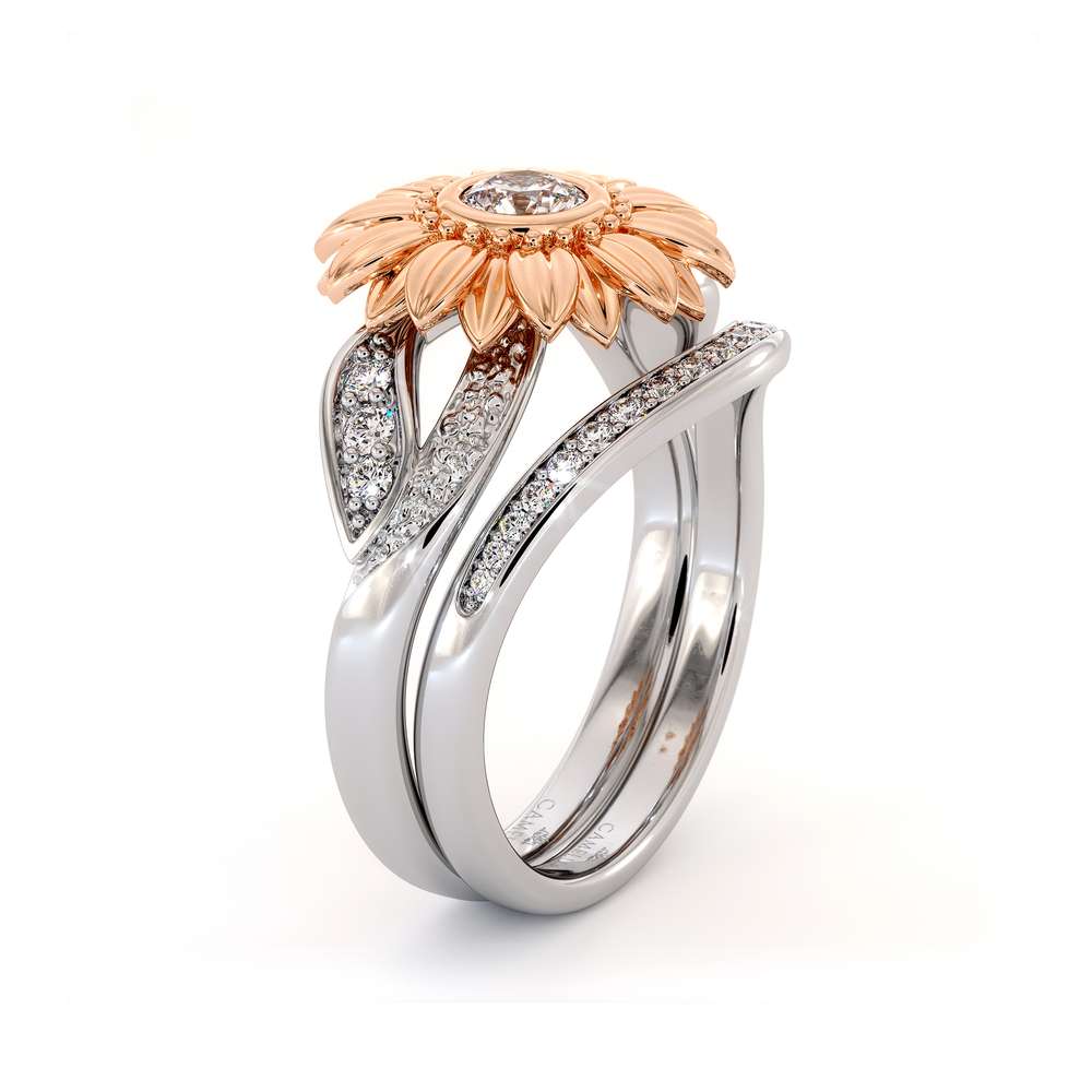 Sunflower Engagement Ring Set Diamond Engagement Ring Rose & White Gold Ring 1 Sunflower Engagement Ring Set Diamond Engagement Ring Rose & White Gold Ring