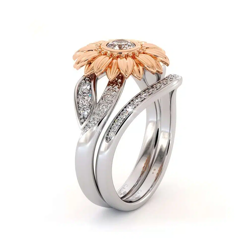 Sunflower Engagement Ring Set Diamond Engagement Ring Rose & White Gold Ring