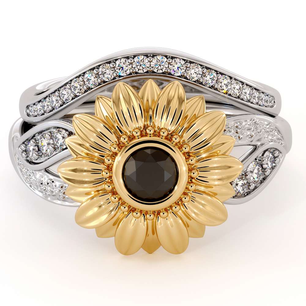 Sunflower Engagement Ring Set Black Diamond Engagement Ring White Gold Ring