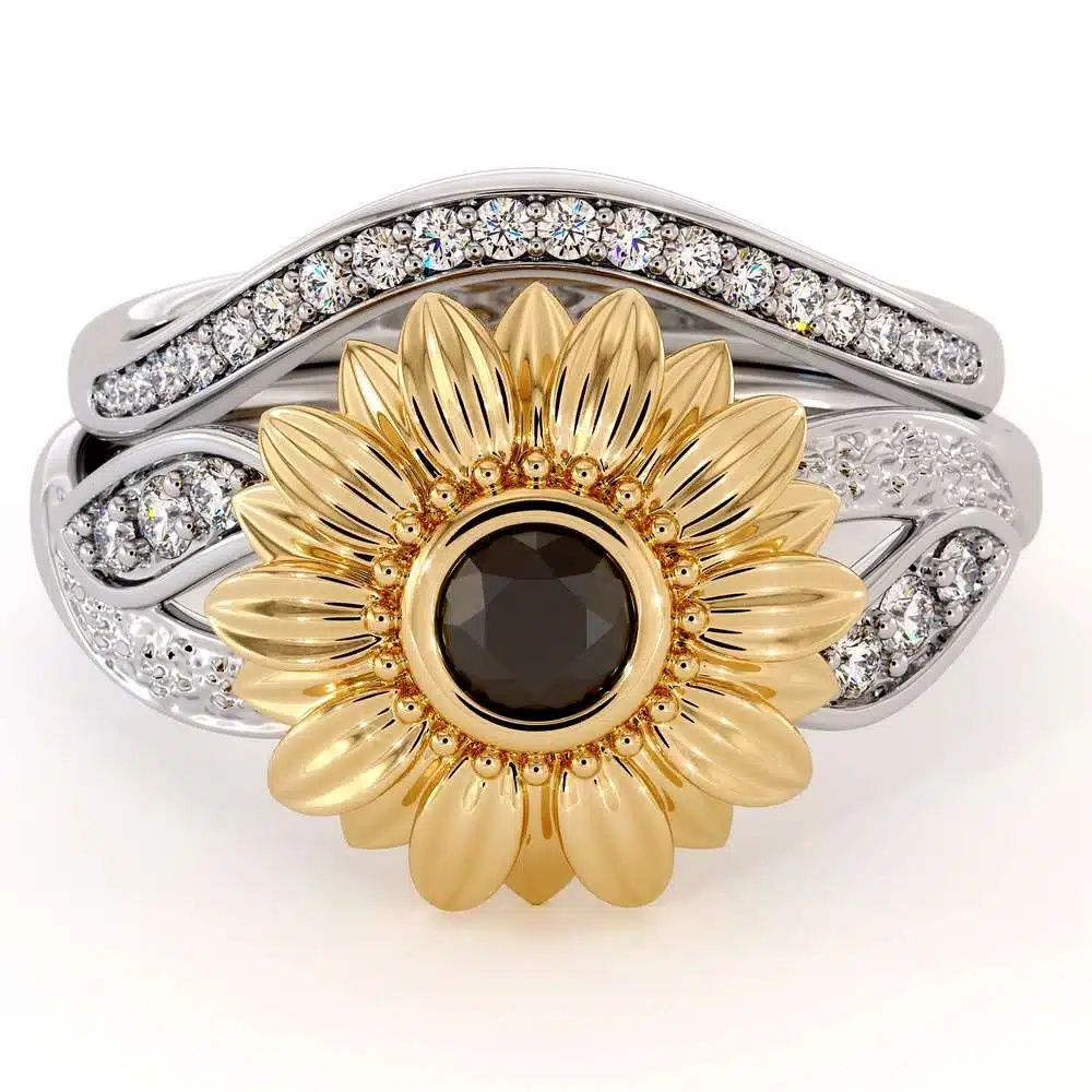 Sunflower Engagement Ring Set Black Diamond Engagement Ring White Gold Ring 4 Sunflower Engagement Ring Set Black Diamond Engagement Ring White Gold Ring