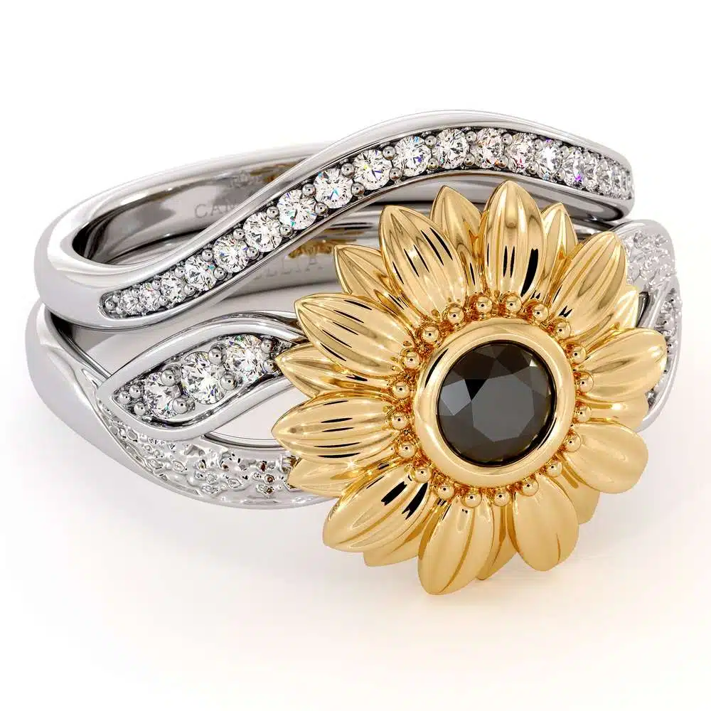 Sunflower Engagement Ring Set Black Diamond Engagement Ring White Gold Ring 2 Sunflower Engagement Ring Set Black Diamond Engagement Ring White Gold Ring