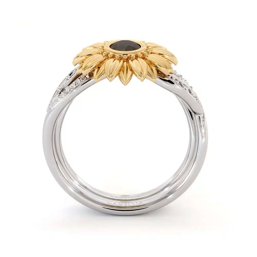 Sunflower Engagement Ring Set Black Diamond Engagement Ring White Gold Ring 7 Sunflower Engagement Ring Set Black Diamond Engagement Ring White Gold Ring