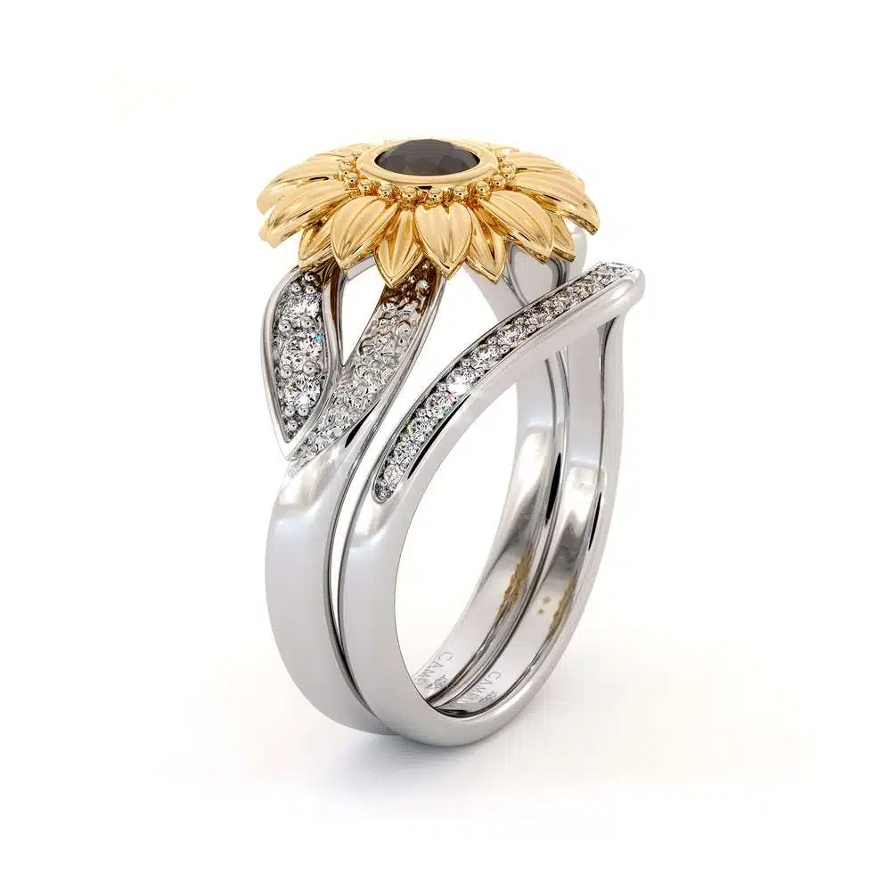 Sunflower Engagement Ring Set Black Diamond Engagement Ring White Gold Ring 1 Sunflower Engagement Ring Set Black Diamond Engagement Ring White Gold Ring