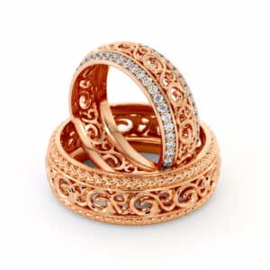 Lab Diamonds Wedding Band His And Hers Set-14K Rose Gold Rings-Filigree Matching Set