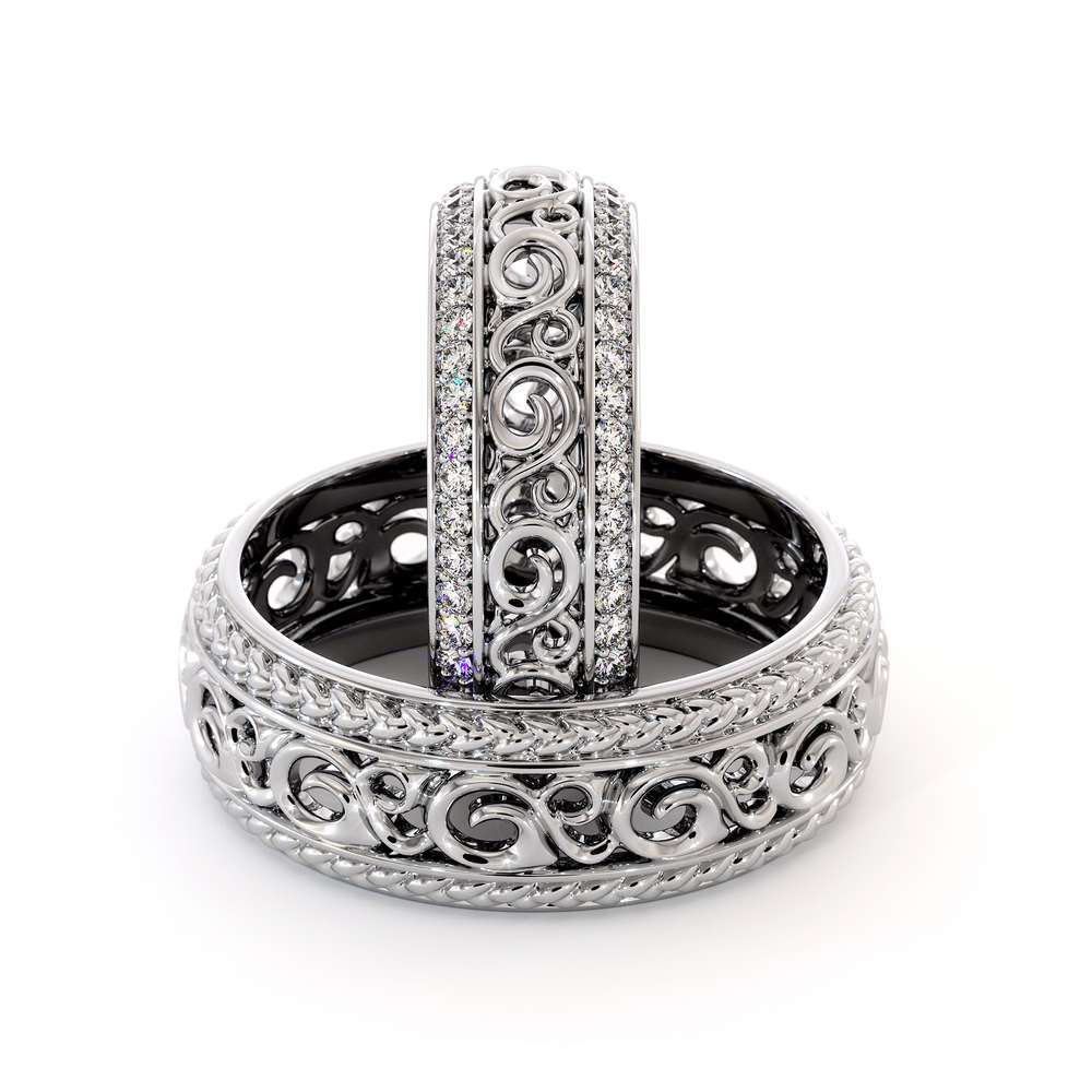 Wedding Band His And Hers Set-14K White Gold Wedding Rings-Filigree Matching Band Set 4 Wedding Band His And Hers Set-14K White Gold Wedding Rings-Filigree Matching Band Set