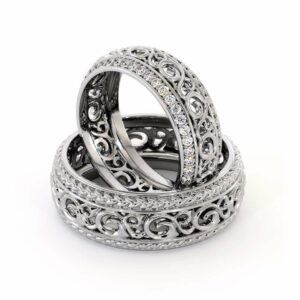 Wedding Band His And Hers Set-14K White Gold Wedding Rings-Filigree Matching Band Set