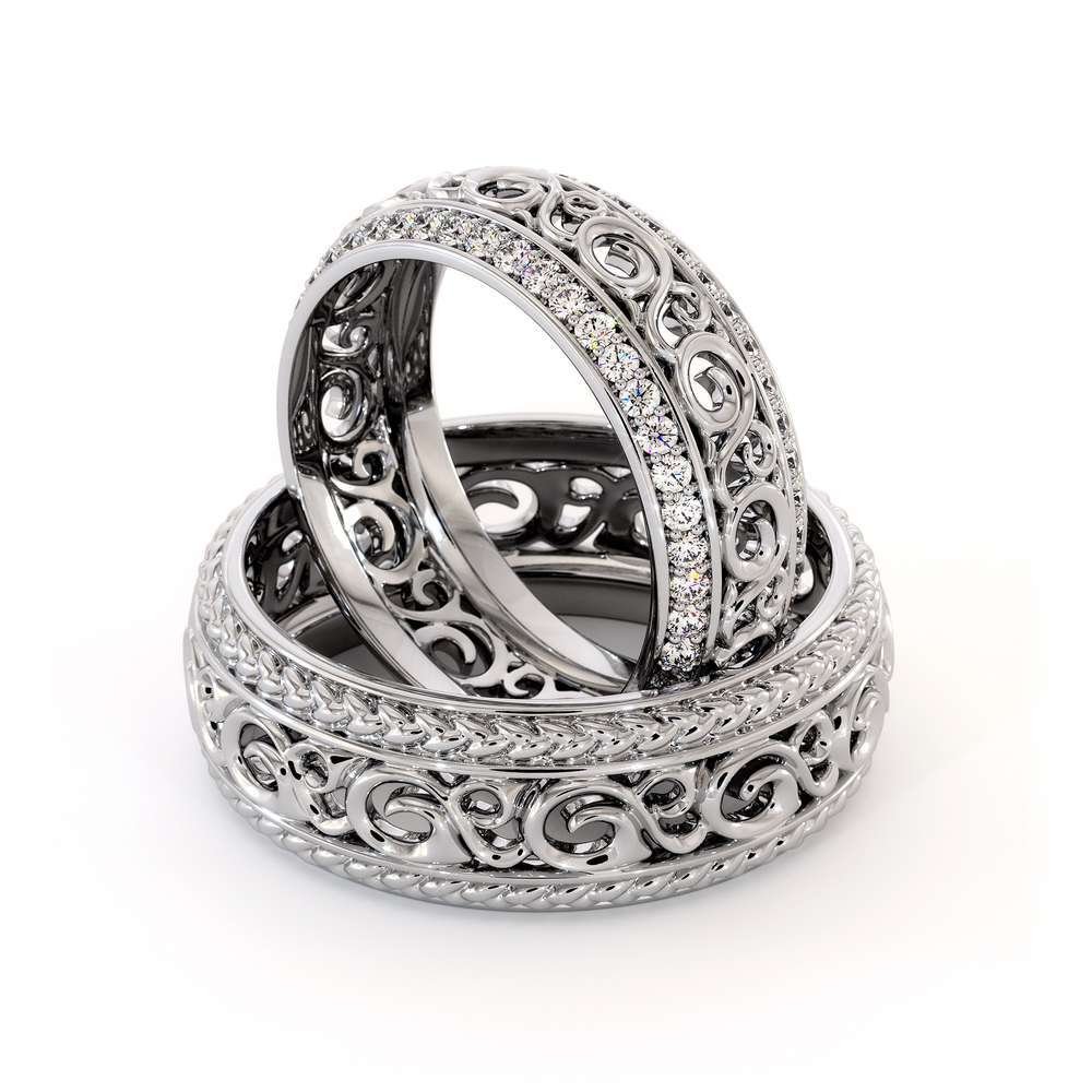 Wedding Band His And Hers Set-14K White Gold Wedding Rings-Filigree Matching Band Set 5 Wedding Band His And Hers Set-14K White Gold Wedding Rings-Filigree Matching Band Set