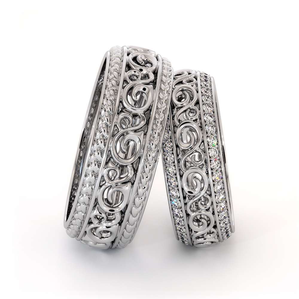 Wedding Band His And Hers Set-14K White Gold Wedding Rings-Filigree Matching Band Set 2 Wedding Band His And Hers Set-14K White Gold Wedding Rings-Filigree Matching Band Set