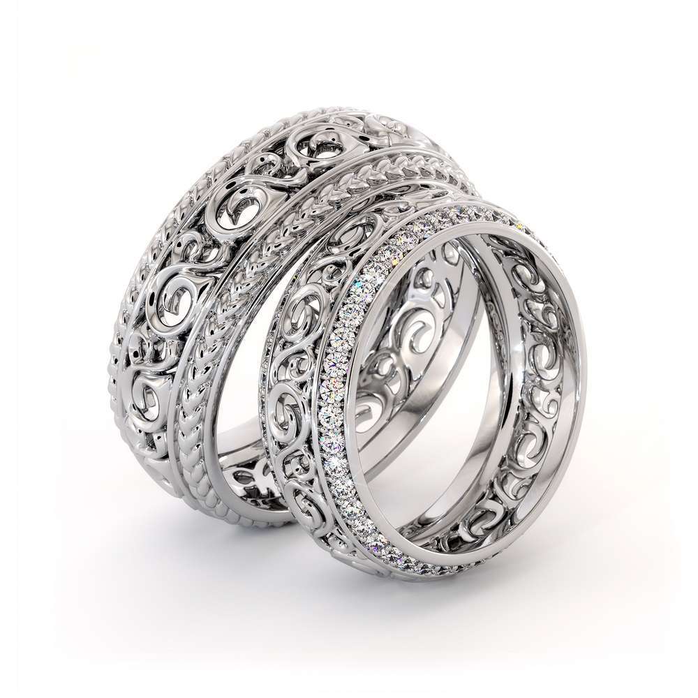 Wedding Band His And Hers Set-14K White Gold Wedding Rings-Filigree Matching Band Set 1 Wedding Band His And Hers Set-14K White Gold Wedding Rings-Filigree Matching Band Set