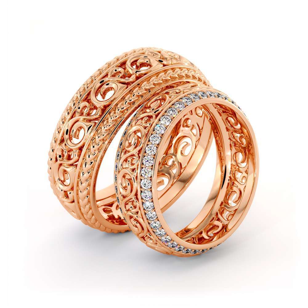 Wedding Band His And Hers Set-14K Rose Gold Wedding Rings-Filigree Matching Band Set
