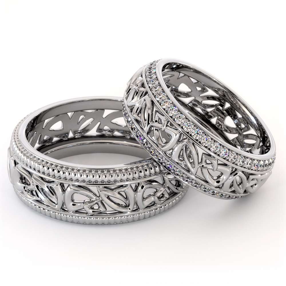 His and Hers Art Deco Wedding Band Set-14K White Gold Wedding Rings-Matching Band Set