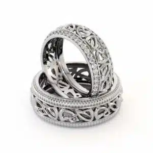 His and Hers Art Deco Wedding Band Set-14K White Gold Wedding Rings-Matching Band Set
