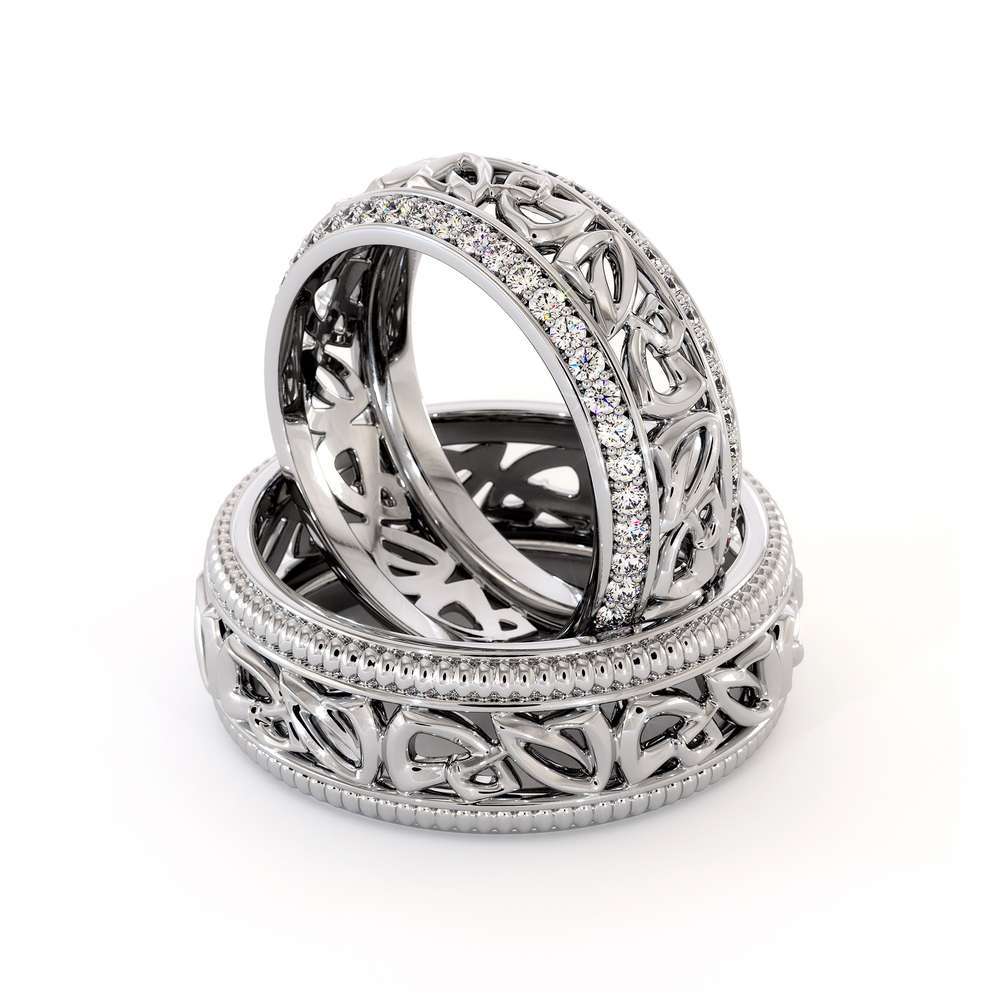 His and Hers Art Deco Wedding Band Set-14K White Gold Wedding Rings-Matching Band Set