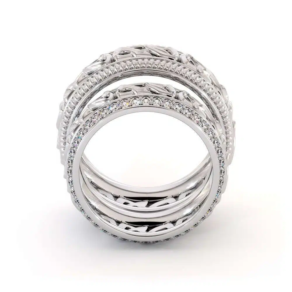 His and Hers Art Deco Wedding Band Set-14K White Gold Wedding Rings-Matching Band Set