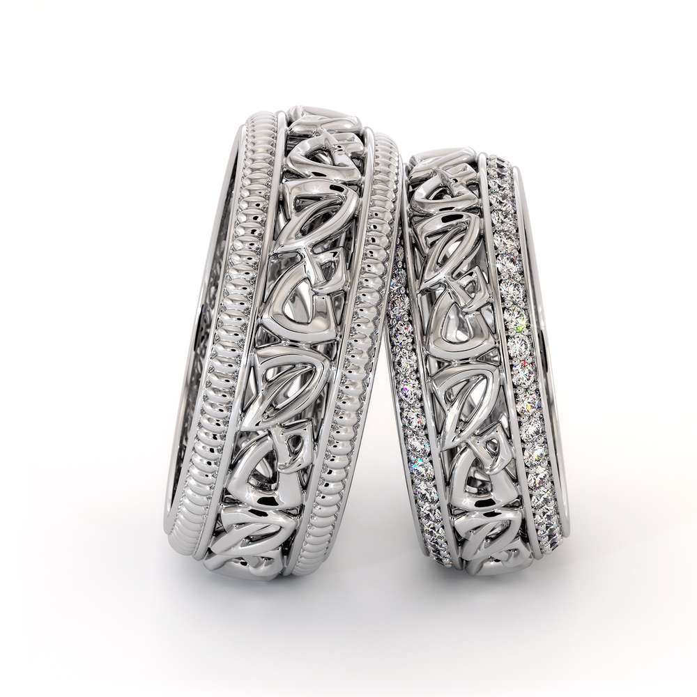 His and Hers Art Deco Wedding Band Set-14K White Gold Wedding Rings-Matching Band Set