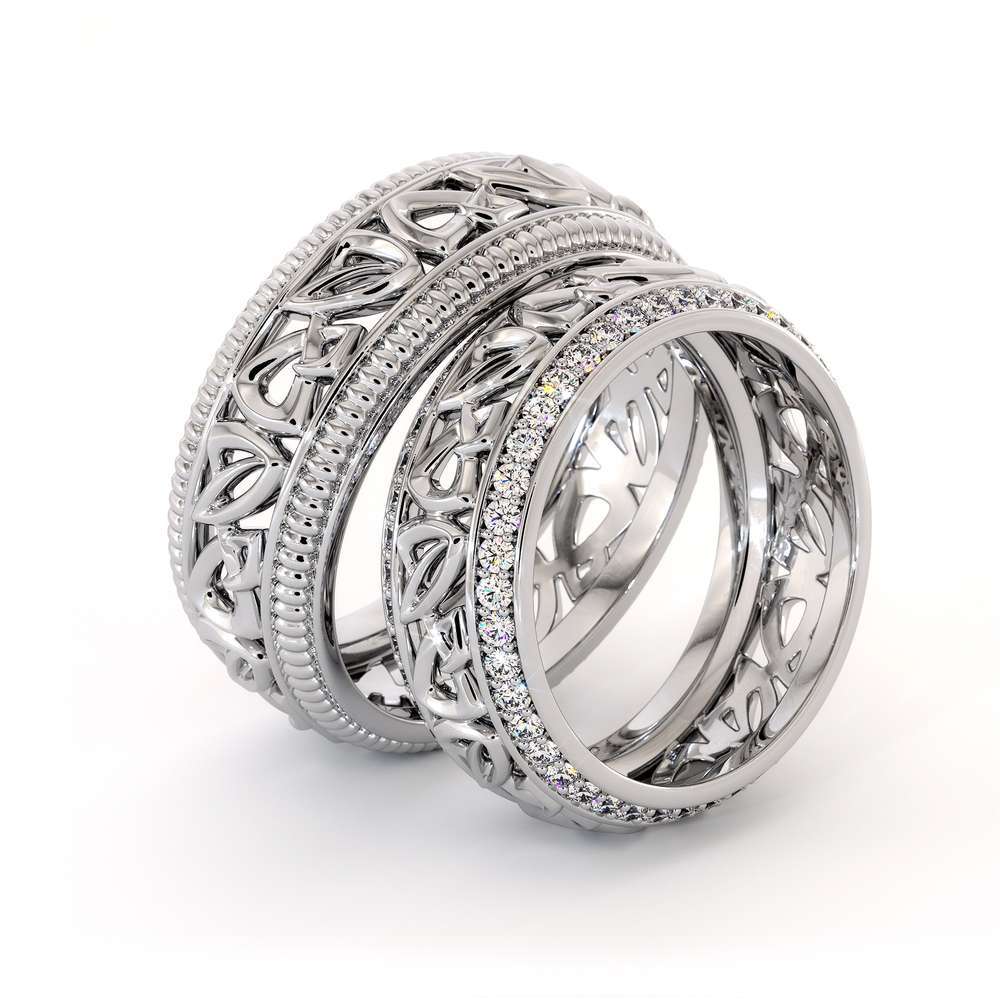 His and Hers Art Deco Wedding Band Set-14K White Gold Wedding Rings-Matching Band Set